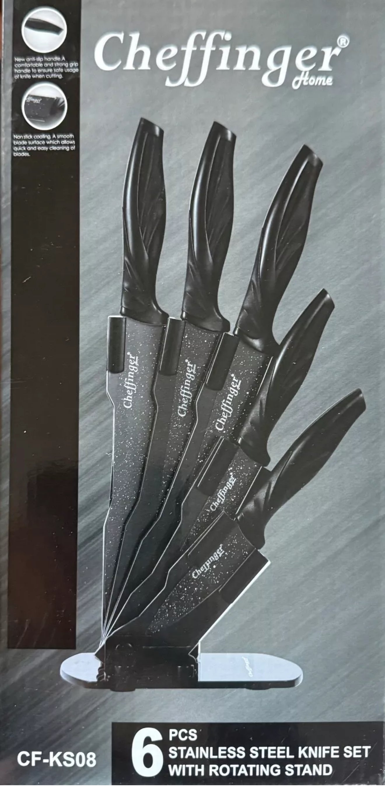 Cheffinger Messer-Set 6 tlg. Messerständer drehbar Messer Messerblock Schwarz