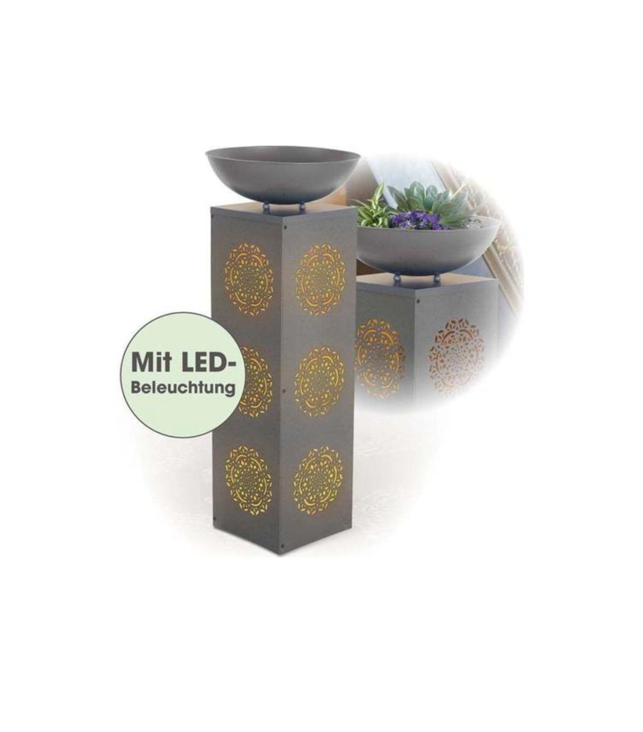 EASYmaxx LED-Dekosäule Beton-Optik mit Pflanzschale Mandala - 87 cm - Grau