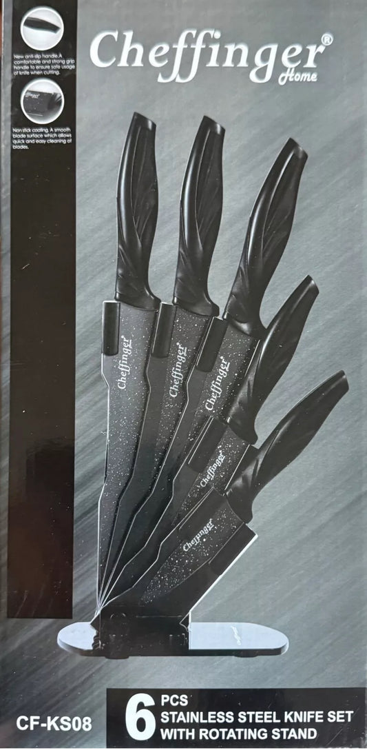 Cheffinger Messer-Set 6 tlg. Messerständer drehbar Messer Messerblock Schwarz